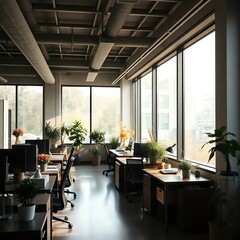 Modern office workspace with plants and natural light