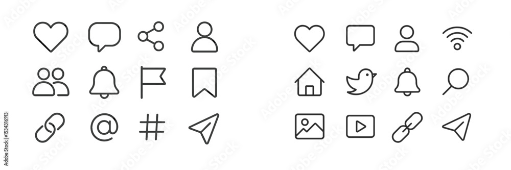 Poster Flat vector illustration of social media icons and symbols used for digital communication and networking activities