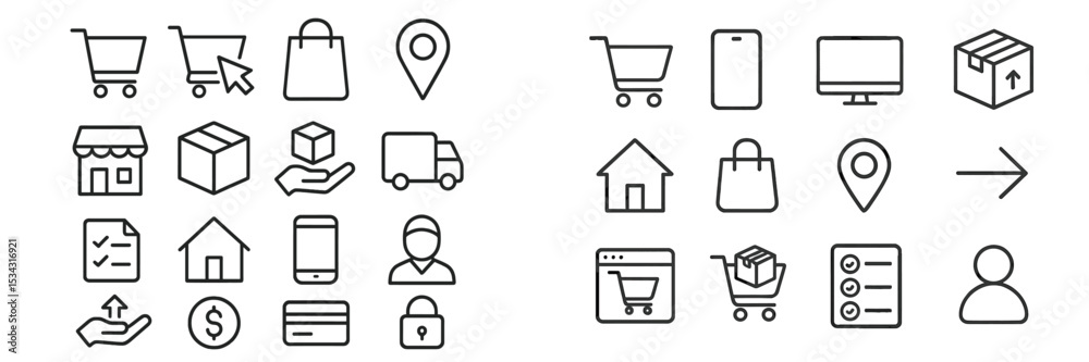 Poster vector flat illustration depicting various shopping and delivery icons in a modern e-commerce settin