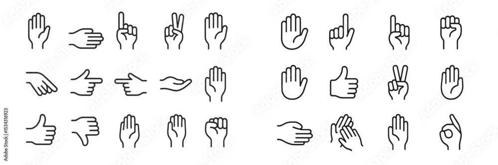 Poster collection of flat vector hand gestures showcasing various expressions and activities for communicat