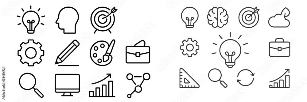 Aufkleber creative process illustration featuring symbols of innovation and teamwork at a brainstorming sessio