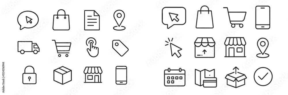 Aufkleber vector flat illustration showcasing various shopping and online activity icons in a minimalist desig
