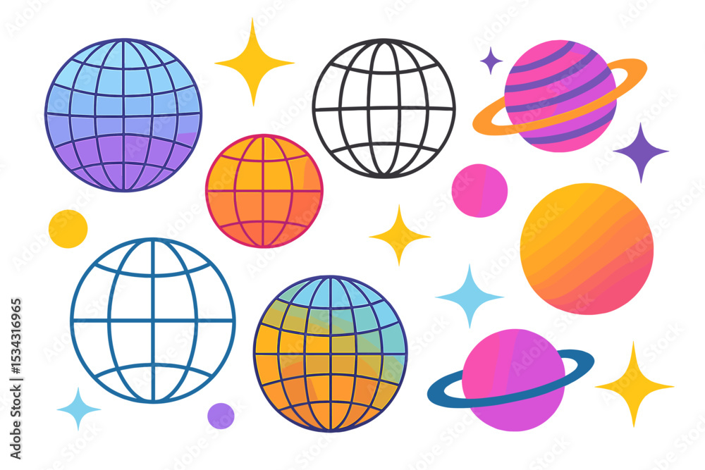Poster colorful vector illustration depicting various planets and celestial bodies in a vibrant space setti