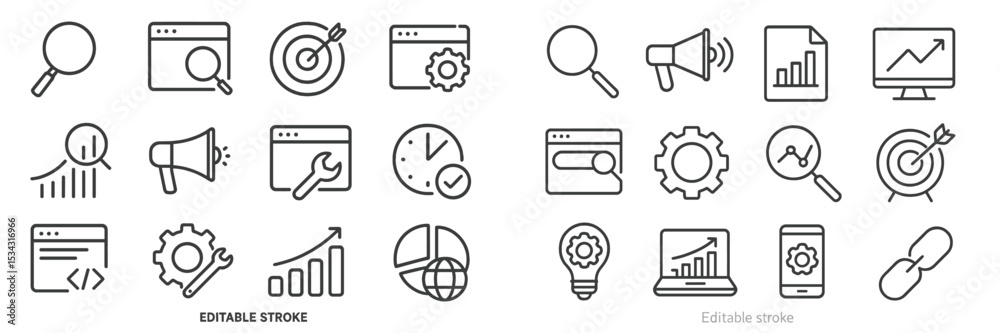 Poster vector flat illustration featuring various icons related to technology, analysis, and communication 