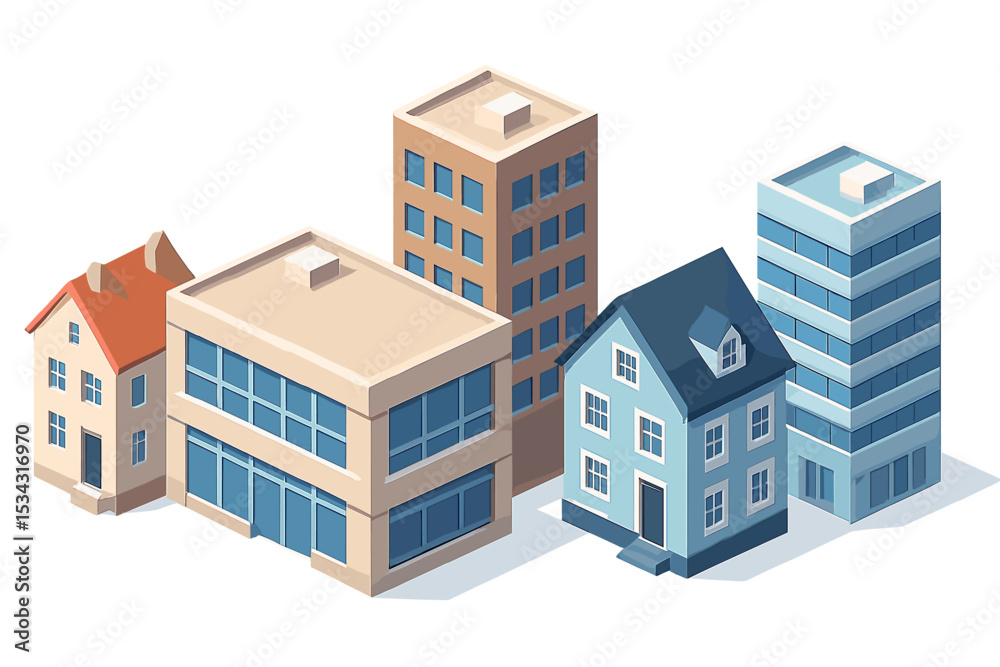 Poster five diverse buildings arranged in a flat vector illustration highlighting urban architecture variat