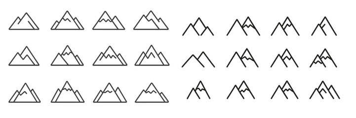 Multiple variations of mountain shapes in vector flat illustration for design projects and creative use