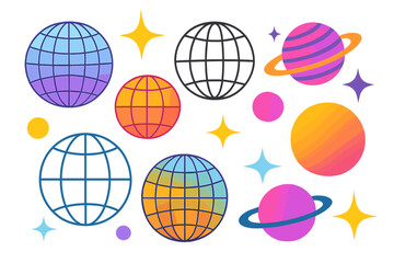 Colorful vector illustration depicting various planets and celestial bodies in a vibrant space setting