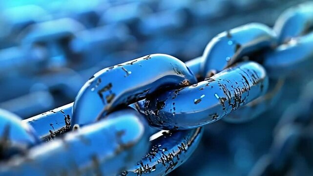 Blue chain interlocked closeup shiny metal footage