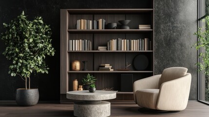Modern dark-toned living room with bookshelves