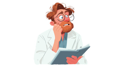A digital illustration depicting a cartoon scientist with reddish-brown hair and a beard, wearing glasses and a white lab coat. He is holding a dark-grey notebook or clipboard and has a concerned