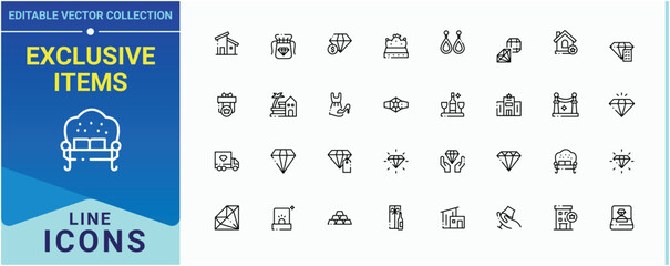 Exclusive Items linear icon set. It contains symbols to fashion, element, beauty, luxury, goods and more. Luxury Goods icon set. Outline symbol collection. Pixel perfect. Editable stroke.