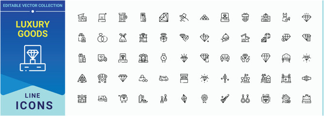 Luxury Goods icon set. Product icon pack. Collection for mobile and web apps. Includes symbols for luxury, element, product, goods and more. Editable vector illustration.
