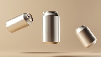 Three metallic beverage cans levitate against a muted beige background
