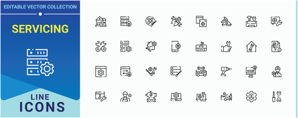 Servicing line icon set. Related to washing, cleaning, work, service, electrical and more. Maintenance modern icon set. Modern vector UI icons. Vector illustration.