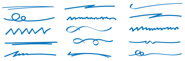 Swift crossed and wavy underlines. Underline markers collection.  Pen text underline, handwritten doodle elements, lettering emphasis. Vector illustration. eps 10
