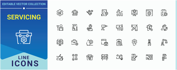 Servicing line icon set. Related to washing, cleaning, work, service, electrical and more. Maintenance modern icon set. Modern vector UI icons. Vector illustration.