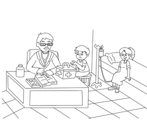 Cute cartoon hand drawn vector doctor treating the kids coloring page outline