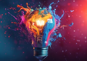 Colorful paint splashes surround a glowing lightbulb