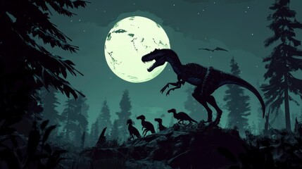 Majestic dinosaur silhouette under a full moon in a dark forest at night.