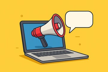 Digital marketing concept: megaphone emerging from laptop with speech bubble on yellow background