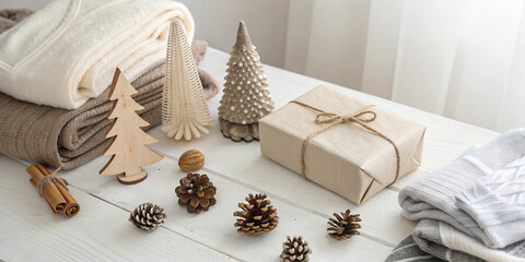 Fototapeta premium Christmas presents wrapped in craft paper, warm cozy sweater, candle, decorative trees, pine cones and string lights creating cozy winter holiday atmosphere on wooden table