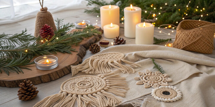Burning candles flickering softly, macrame coasters adding texture, and a wicker basket filled with fir tree branches and pine cones create a cozy christmas atmosphere on a wooden table