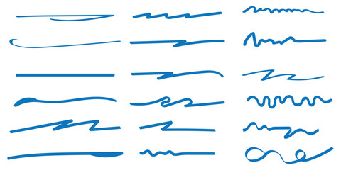 Swift crossed and wavy underlines. Underline markers collection.  Pen text underline, handwritten doodle elements, lettering emphasis. Vector illustration. eps 10