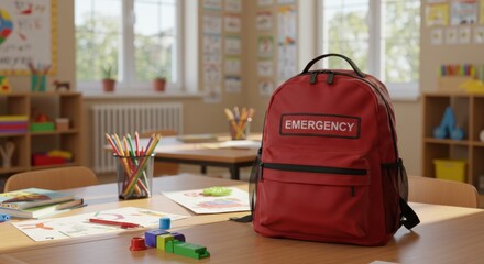 Red emergency backpack in classroom setting for safety preparedness in schools