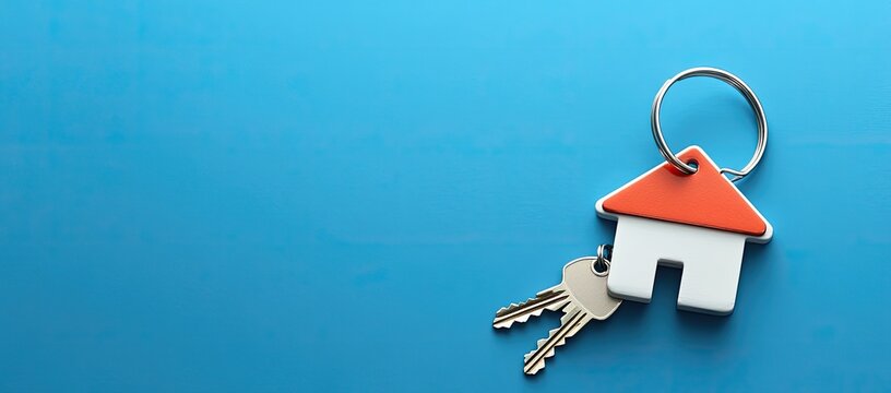 House-shaped keychain with keys on a vibrant blue surface