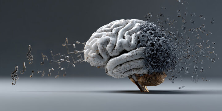 Brain with musical notes and gears symbolizes AI music generating and creativity