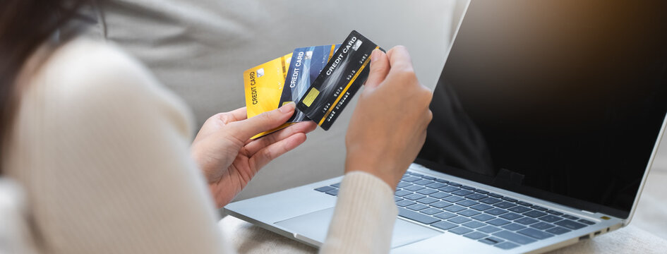 person holding mock up credit card pay online shopping