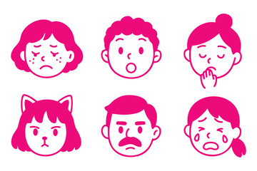 Set of cartoon kids face expressions in flat style showing different emotions and moods
