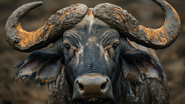 Close-up of a mud-covered buffalo