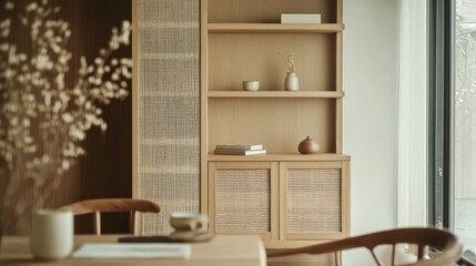 Warm, modern wooden shelving unit in a light-filled room