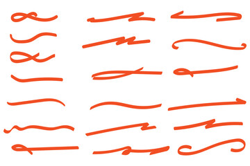 A set of strikethrough underlines. Orange brush stroke underline. Marker pen highlight stroke. Vector swoosh brush underline set for accent, marker emphasis element. eps10