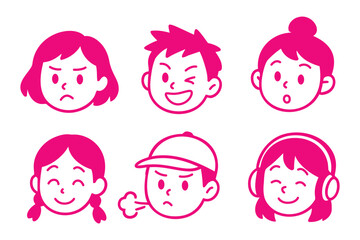 Set of cartoon kids face expressions in flat style showing different emotions and moods
