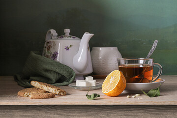 Tea party with lemon and biscuits