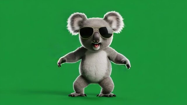Cool Koala Dancing on Green Screen - A fun, 3D-animated koala wearing sunglasses dances and gestures against a bright green screen. The koala is light gray and fluffy, and appears happy and energetic.