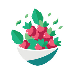 Abstract Bowl of Raspberries Green Leaves Flat Design Illustration vector