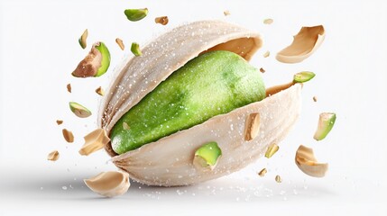 A pistachio bursts open, revealing its vibrant green interior. Suspended in mid-air, the shell fragments scatter around it.