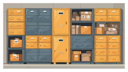 The image depicts a meticulously organized storage room.  The scene is dominated by numerous vertically stacked cardboard boxes in various shades of yellow-brown. These boxes are interspersed with