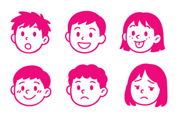 Set of cartoon kids face expressions in flat style showing different emotions and moods