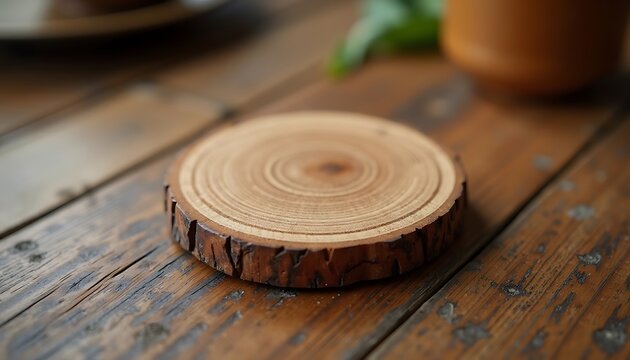 Wood slice coaster on rustic wooden table, blurred background.
