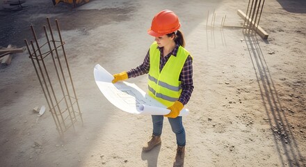 Female construction worker reviewing blueprints on a construction site wearing safety gear and helmet illuminated by daylight