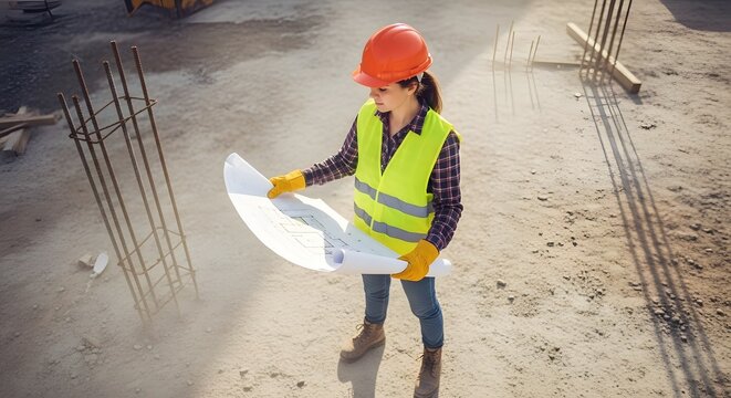 Female construction worker reviewing blueprints on a construction site wearing safety gear and helmet illuminated by daylight - Powered by Adobe