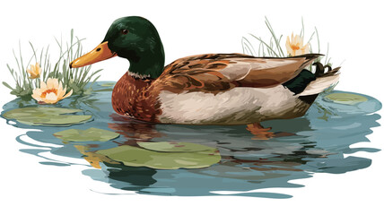 An illustration of a male mallard duck swimming in a pond amongst water lilies. The duck is depicted in profile view, showcasing its characteristic green head, brown and beige body feathers