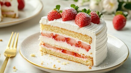 Delicious slice of layered strawberry cake with whipped cream.