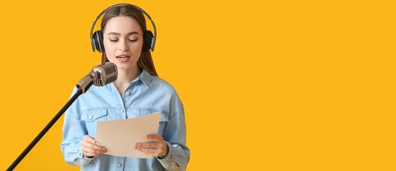Female radio presenter with microphone on yellow background with space for text