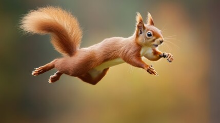 Red Squirrel in mid-air leap