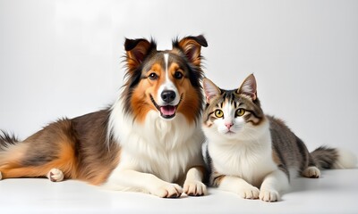 Shetland Sheepdog and cat happy lying looking against white background